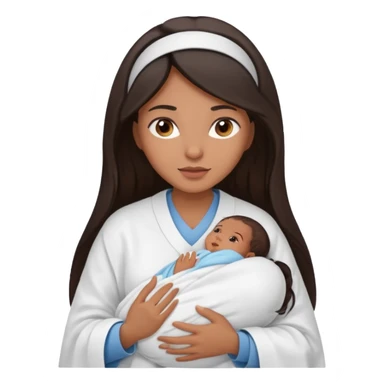 Female nurse with long dark hair with medium brown skin and brown eyes holding one new born  sticker