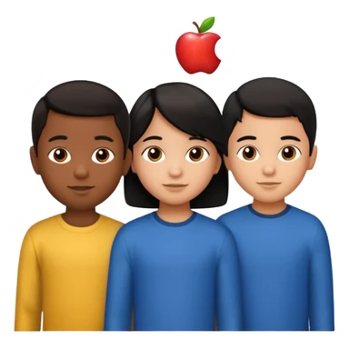 Three Hispanic kids: 9-year-old boy with short hair, 6-year-old girl with long straight hair, 6-year-old boy with short hair (twins), apple emoji style sticker