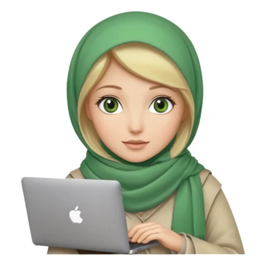 blond women skine , with green eyes , with scarf hijab , hid the hair, with macbook sticker