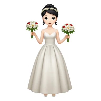 Chica blanca,cuerpo entero, vestido boda tirantes finos y estrecho, pelo negro recogido con mechones y zapatos tacon y 1 flor en la cabeza sticker