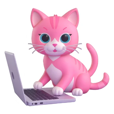 pink kitten using a laptop, soft and rounded sticker
