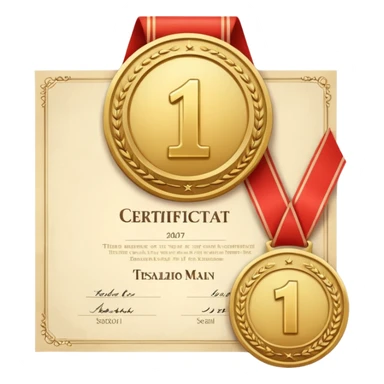 Medalla con número uno, y detrás un certificado sticker