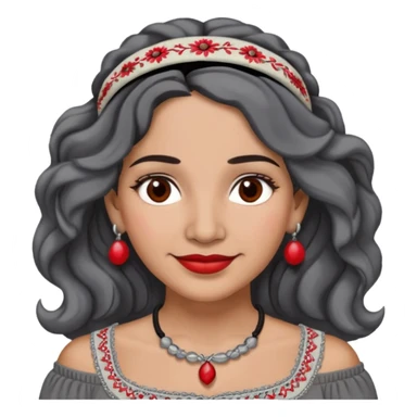 Latina woman, about 50, light brown skin, round face, wavy shoulder-length black and gray hair, red/white headband, medium eyes, thin eyebrows, subtle smile, gray peasant blouse, embroidery, bare shoulders, big dark necklace sticker
