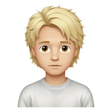 Create a look for a blond boy with long, tousled hair, light eyes, a white sweater, a wealthy appearance, blue eyes, and accessories like a Rolex or Cartier watch, and a cute face with messy hair down. sticker