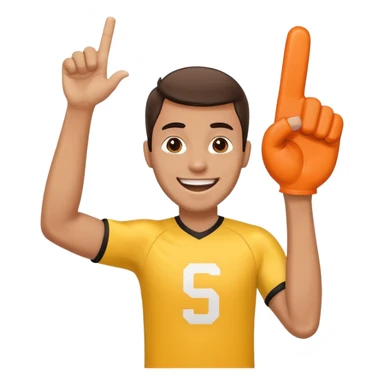 A cheerful man in a team jersey, waving a giant foam finger high with an excited grin. sticker
