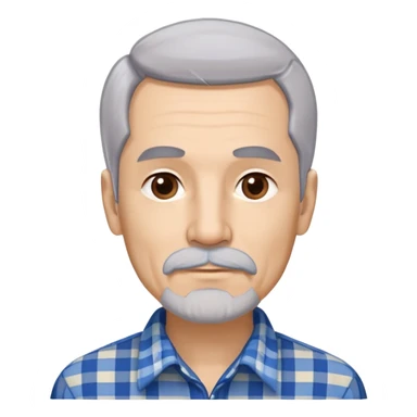 Thin older Hispanic man with light complexion. Elongated slim face with wise expression. Relaxed brown eyes. Long straight fine gray-white hair that covers the ears with soft fringe in front. White mustache connected to chin beard. Lean physique. Wearing a beige and blue plaid long-sleeved shirt. sticker
