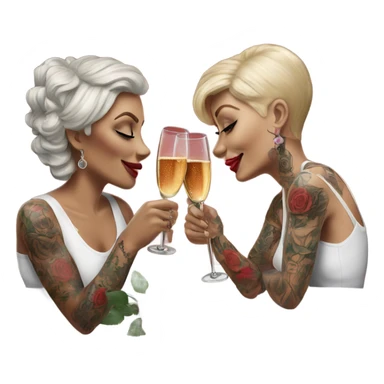 Hyper Realistic tattooed couple drinking champagne with red roses  sticker
