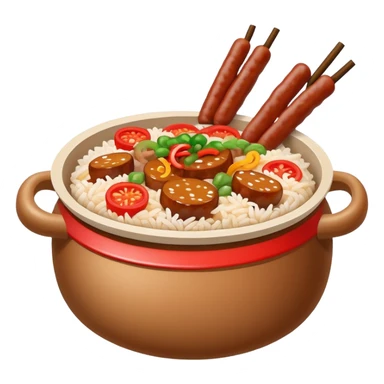 Guangdong clay pot rice with toppings and sauce, simplified emoji style with bold outlines and bright colors, cartoon style Cantonese Bo Zai Fan sticker