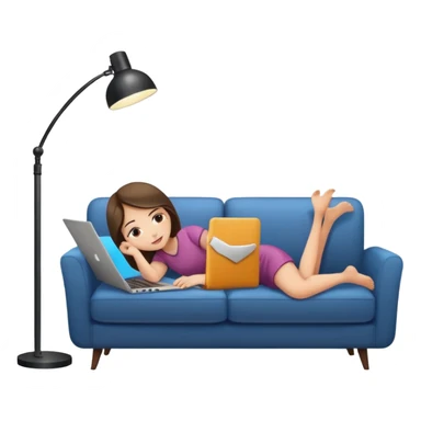 A girl is working with a laptop while lying on a sofa, with a floor lamp to the right. sticker