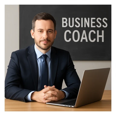 A 35-year-old male business coach sitting at a table with a laptop, professional and confident sticker
