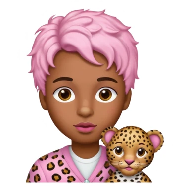 brown-skin boy with baby pink blush and glossy lips and leopard print hair ￼ sticker