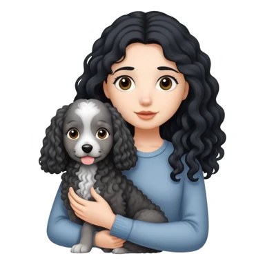 A girl with long black hair holding a gray curly dog sticker