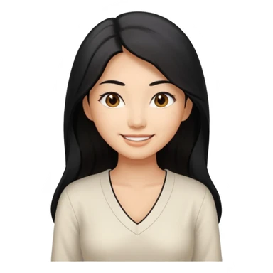 medium tan asian woman with long black hair past middle of back, round brwn eyes, white v neck blouse smiling. sticker