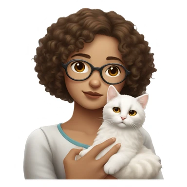 curly haired light brunette with freckles girl holding a white cat in hands. the cat is sleeping. the girl uses white round glasses like harry potter sticker