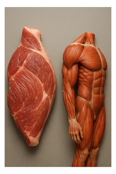 Confronto anatomico tra un taglio di carne di maiale (es. spalla o coscia) e muscolatura umana, evidenziando somiglianze nelle fibre muscolari, nel colore e nella texture. Entrambi i campioni sono illuminati in modo scientifico, con dettagli realistici e sfondo neutro.  sticker