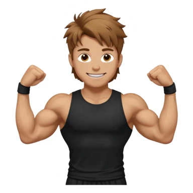 Gym rat with light brown hair and black t shirt, and messy hair. And muscular ,and happy a little sticker