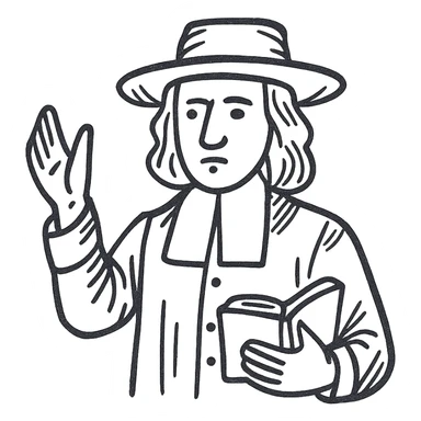 white line drawing of a 17th Century preacher, historical attire, simple and clear lines, no fill, realistic proportions and facial features, less cartoony sticker