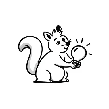 a squirrel with a lightbulb, hand drawn black doodle style sticker