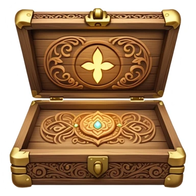 magical wooden box with intricate carvings, glowing softly, holding necklaces inside sticker