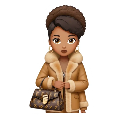 Beautiful black woman wearing a monogram Fendi jacket with a fur trim. She is carrying a Fendi Mini Peekaboo Bag. I want the image close up sticker