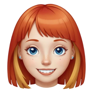 Girl with blonde bangs and red hair with very thin eyebrows with a septum piercing blue eyes, freckles, and a big smile sticker
