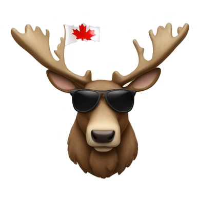 Mooose wearing sunglasses with his tongue outwith a Canadian flag sticker