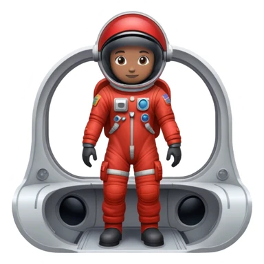 Un astronauta con una tuta spaziale rossa in piedi su una navetta, con un visore scuro sticker