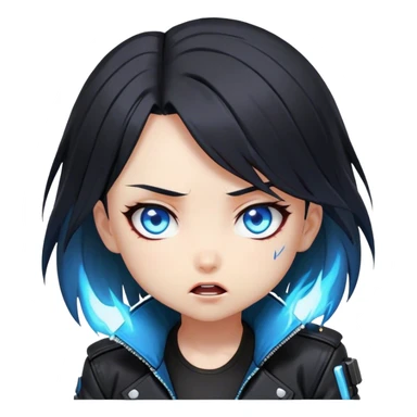 Black hair cyberpunk 2077 chibi girl with blazing blue eyes and black jacket. shocked anime style sticker