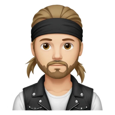 Guy wearing bandana as a headband with goatee and long hair atop his head in ponytail, wearing white tshirt with black biker ves sticker