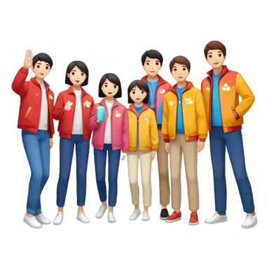 "East Asian colleagues in color-coded jackets picnic, play frisbee, and take group photos under cherry blossoms. Cloud-shaped Sunlord logo in background. Circular minimalist style." sticker