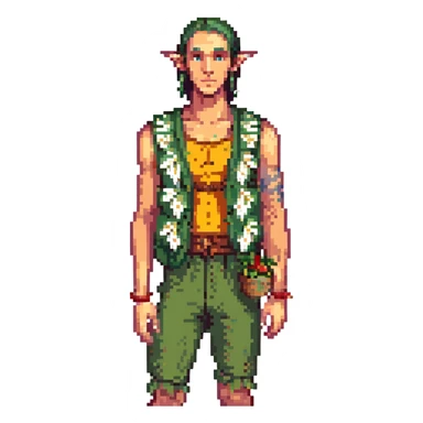 elf male Sleeveless vest with palm-leaf print, basket of exotic fruits (mango/lychee), sunburned nose. sticker