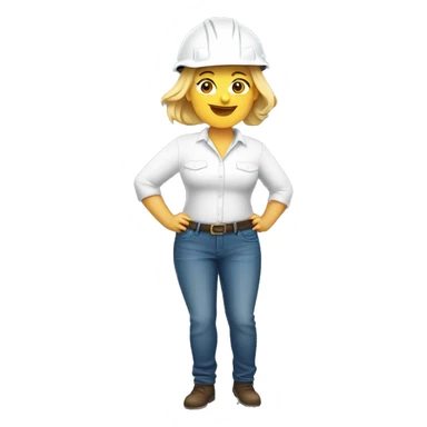 Blond short hair middle age woman with curvy body. White shirt and jeans. Construction helmet on hands sticker