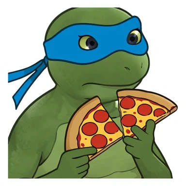 female ninja turtle wearing blue eye mask with pizza sticker