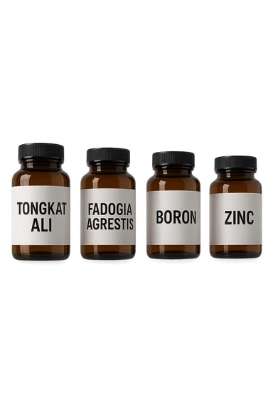 4 boccette di integratore: Tongkat Ali, Fadogia Agrestis, Boron e Zinco fluttuano in aria verticalmente sticker