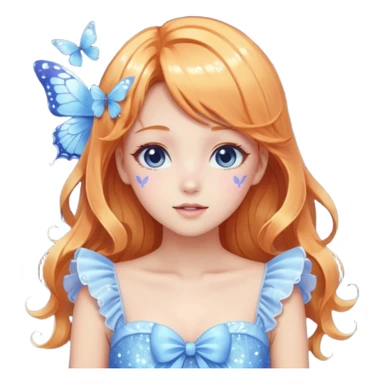gorgeous shiny blushing pastel core glittery sparkly anime lady with butterflies and beautiful ginger hair fairycore high quality detailed vogue trending aesthetic, blonde hair, blue and white dress sticker