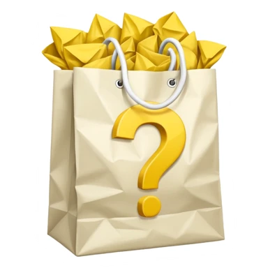 crumbled white goodiebag with yellow questions mark boxes stuffed in it sticker