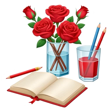 crear pizarra con libros a un lado, cuadernos, lapices, creyones, un vaso de cristal con rosas rojas, estilo vector sticker