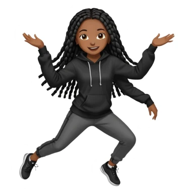 African American girl dark skin complextion long black box braids wearing plain black hoodie dancing sticker