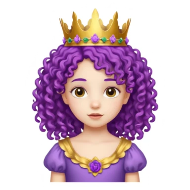 Princesses kid girl, with Gold Crown and flower on purple curly hair, with white dress sticker