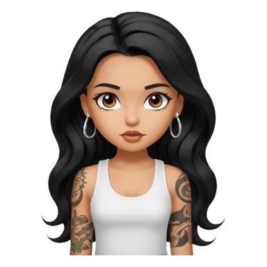 a pretty tan bratz girl with long wavy black hair, wearing a white tank top. with full tattoos sticker