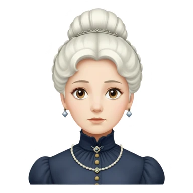 Victorian woman with white coiffed hair, modest turtleneck Victorian dress, and an awestruck expression sticker