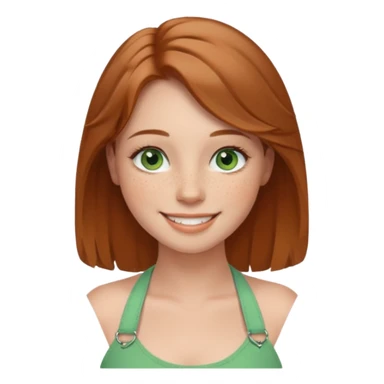 emoji of a woman named Freya McOmish, smiling, green eyes, light brown hair, subtle freckles, modern casual style, wearing a halter top sticker
