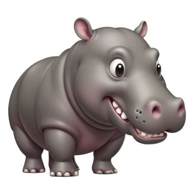 cinematic-hippo-realistic-full-body-side-view-standing-on-all-fours-emoji,-massive-round-frame,-wide-mouthed-grin-exposing-huge-teeth,-head-tilted-dramatically,-thick-grey-hide-glossy, big cute eyes sticker