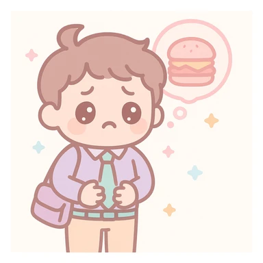 A tired office worker holding his stomach, thinking about food, kawaii style sticker