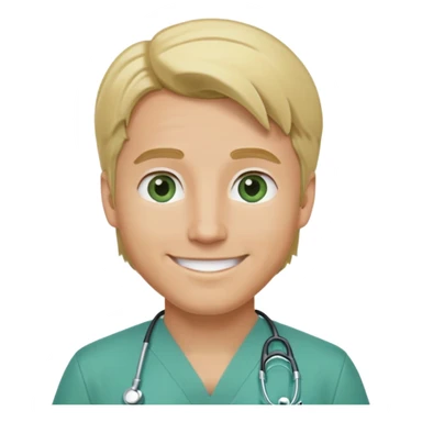 a male doctor with green scrubs, blonde hair middle part, light blue eyes, smiling, ios quality sticker