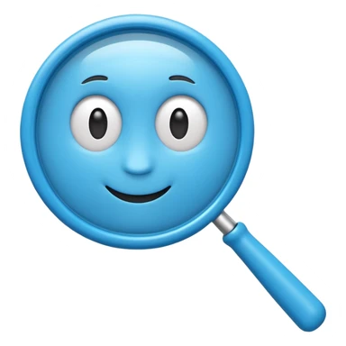 A cute 3D emoji-style blue magnifying glass, glossy plastic material, soft rounded shape, vibrant blue color, smooth reflections, minimal details, centered composition, isolated on a clean background, emoji style, high quality 3D render sticker