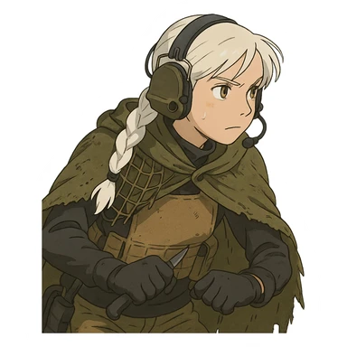 1 female, mid 20's, white hair in a long braid, gold yellow eyes, adorned in a black long sleeve shirt, tan body armor and a worn olive-green cloak with netting holding it together. She wears a COMTAC headset. she is hunched slightly, stealthily, focused on her target, holding a small combat blade at the ready sticker