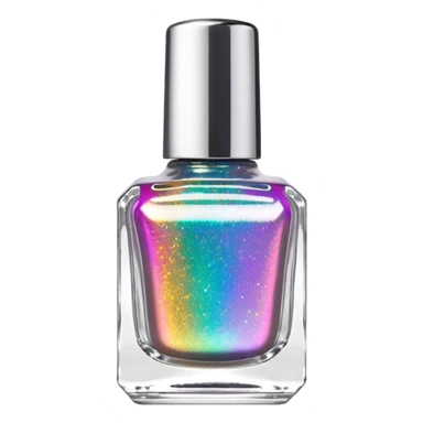 Ultra realistic, detailed, rainbow glitter effect holographic nail polish, glass translucent bottle, silver chrome lid sticker