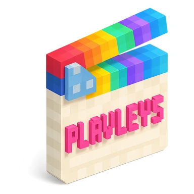 voxel style movie clapperboard, white body, colorful lid, pink text 'PLAVLEYS', isometric view sticker