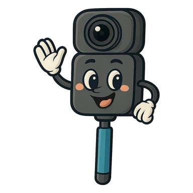 Remove the background, keep the friendly face cartoon Insta360 camera on a stick character with transparent background, maintaining a friendly and cartoonish style. sticker